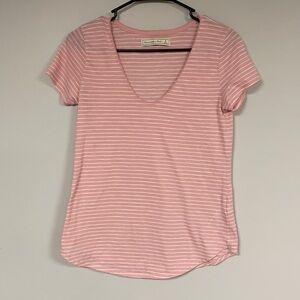 Abercrombie & Fitch Women's S, V neck pink and white striped Tee, short sleeves